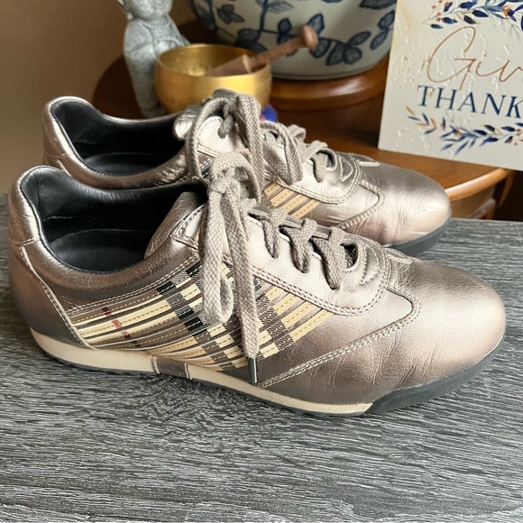 Burberry Metallic Leather Check Leather trim Lace Up Sneakers EU38 US8 - Picture 1 of 15